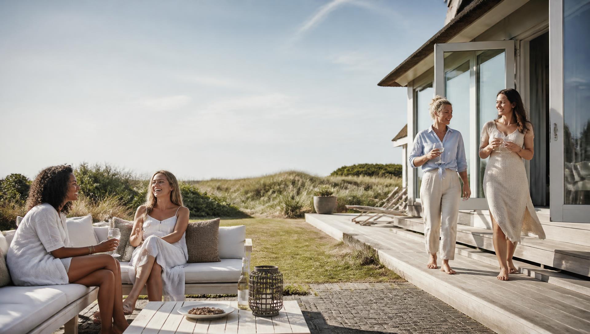 Vier vriendinnen genieten bij een vakantiewoning aan de Noord-Hollandse kust