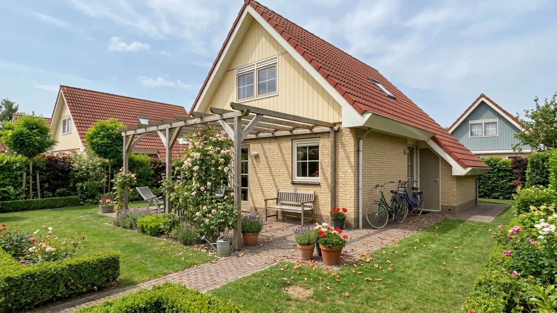 Vakantiehuisje met terras en tuin op een zonnige zomerdag
